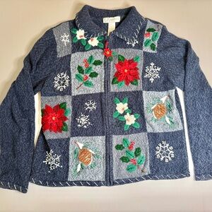 Vintage Dressbarn blue Christmas Cardigan with Red and Green Floral Embroidery